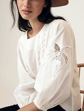 FARM RIO Palm Tree Cut Out Bohemian Puff Sleeve Ivory Top Small NWT